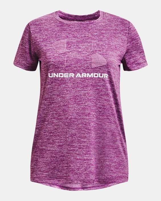 Girls' UA Tech™ Twist Big Logo Short Sleeve in Purple image number 0